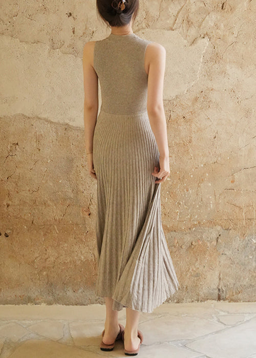 Light Grey High Waist Knit Long Dresses Wrinkled Summer Xx012