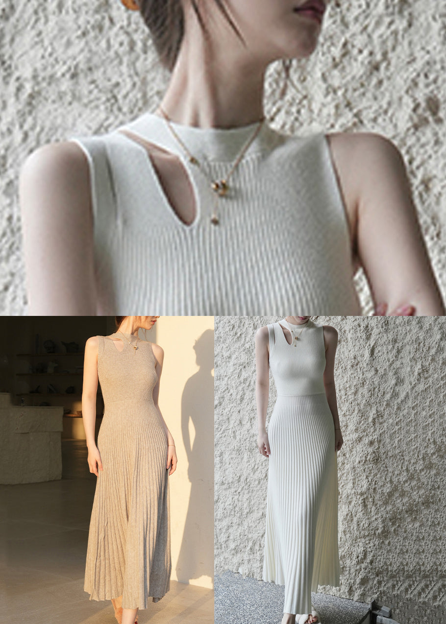 Light Grey High Waist Knit Long Dresses Wrinkled Summer Xx012