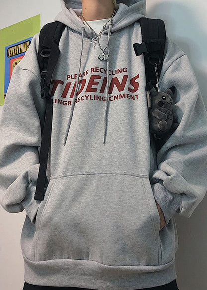 Light Grey Print Pockets Cotton Sweatshirt Hooded Spring Yq035