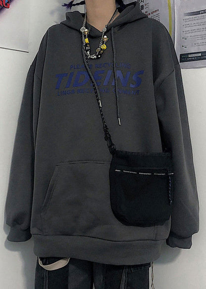 Light Grey Print Pockets Cotton Sweatshirt Hooded Spring Yq035