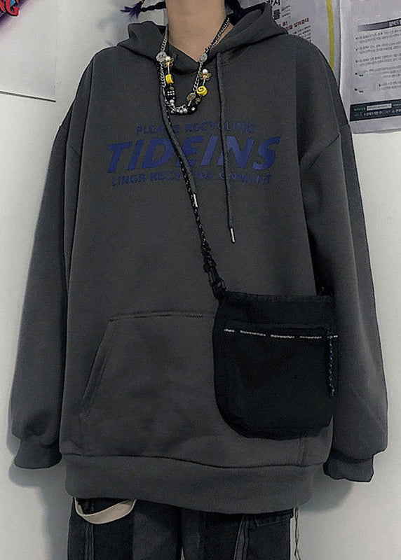 Light Grey Print Pockets Cotton Sweatshirt Hooded Spring Yq035