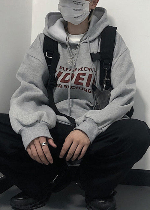 Light Grey Print Pockets Cotton Sweatshirt Hooded Spring Yq035