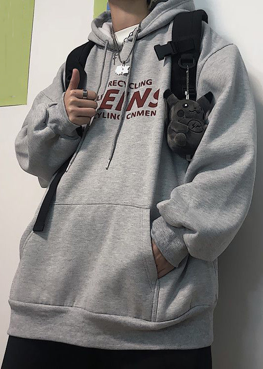Light Grey Print Pockets Cotton Sweatshirt Hooded Spring Yq035