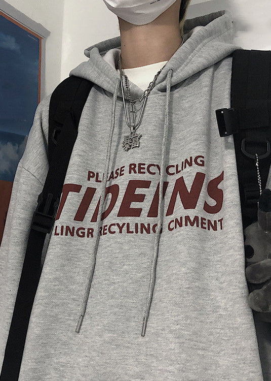 Light Grey Print Pockets Cotton Sweatshirt Hooded Spring Yq035