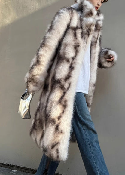 Light Pink Stand Collar Leather and Fur Maxi Coat Long Sleeve Rd019