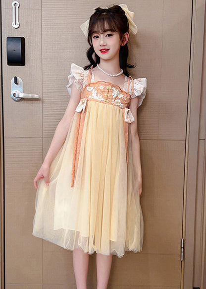Light Yellow Square Collar Patchwork Tulle Long Dresses Summer Gf021