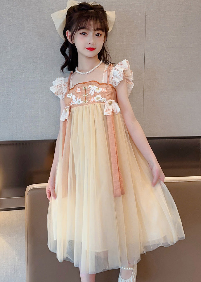 Light Yellow Square Collar Patchwork Tulle Long Dresses Summer Gf021