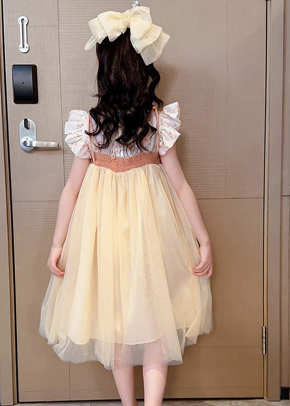 Light Yellow Square Collar Patchwork Tulle Long Dresses Summer Gf021