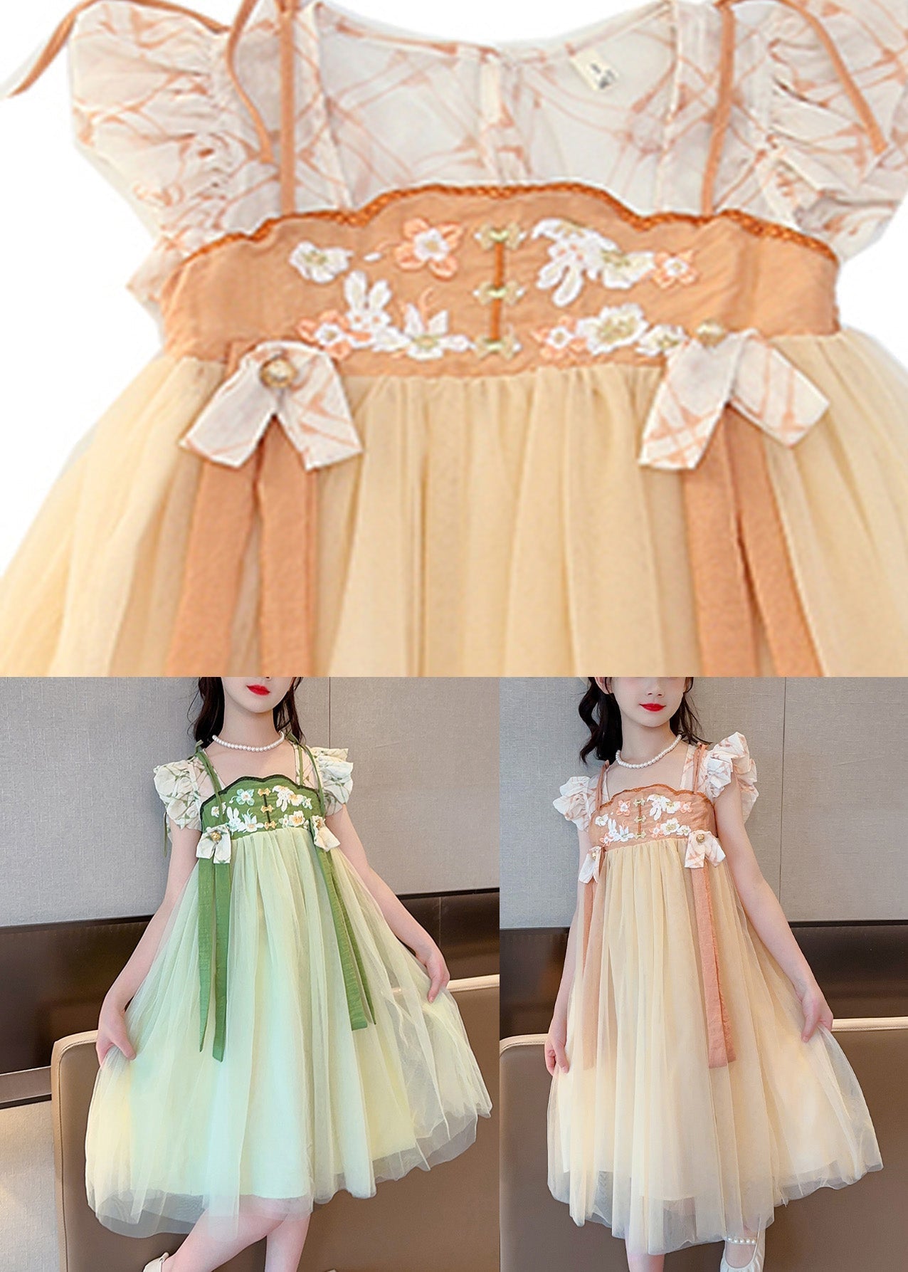 Art Light Green Embroidered Tassel Tulle Kids Maxi Dress Short Sleeve Gf005