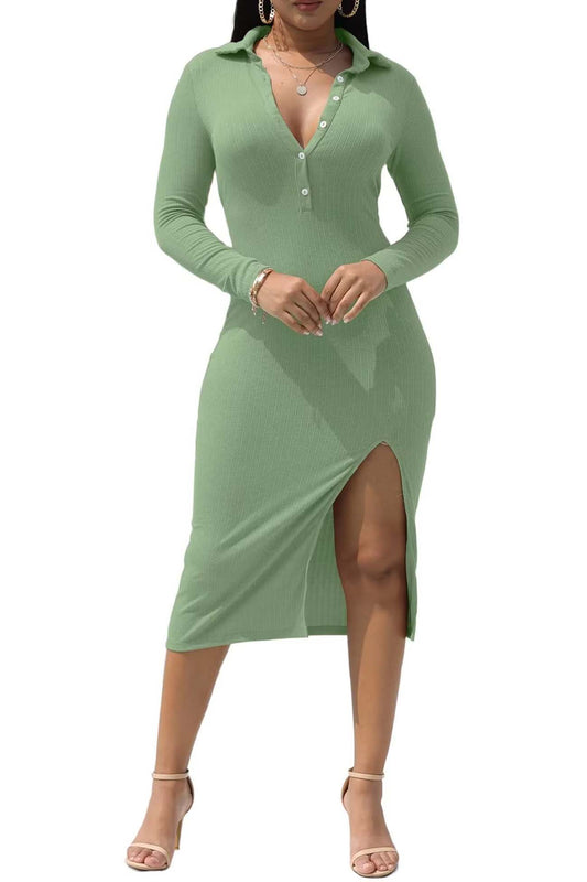 Ribbed Back Tie High Split Midi Dress