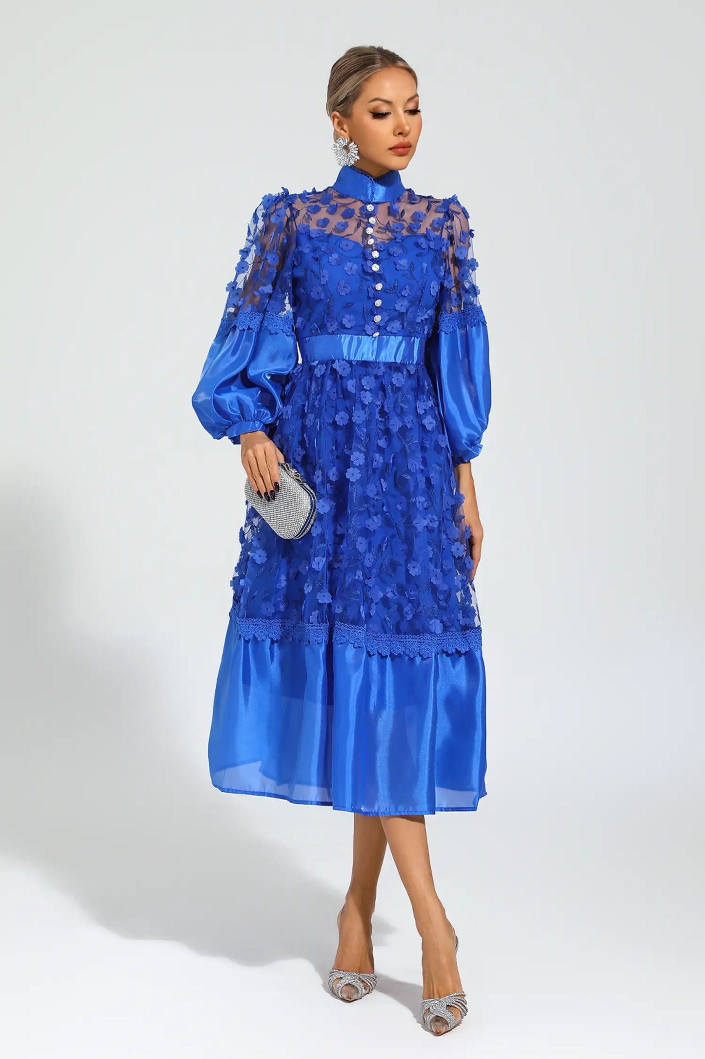 Lillie Blue Mesh Flower Midi Dress