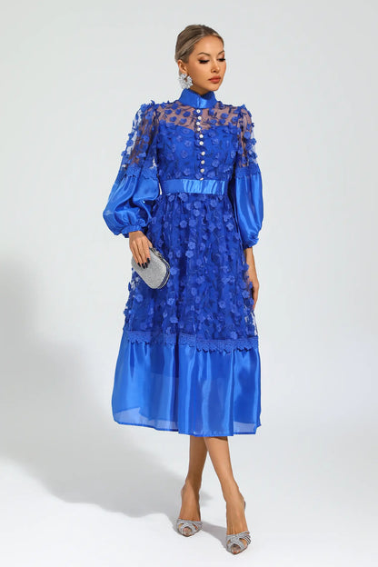 Lillie Blue Mesh Flower Midi Dress
