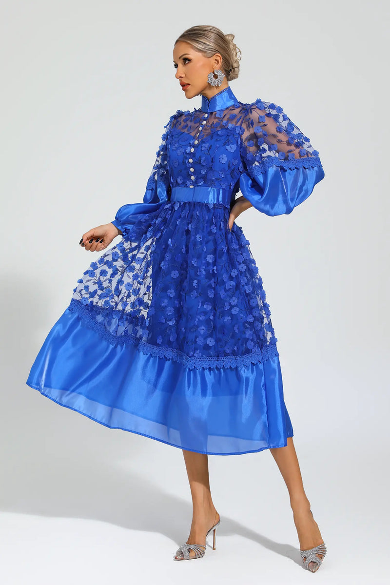 Lillie Blue Mesh Flower Midi Dress