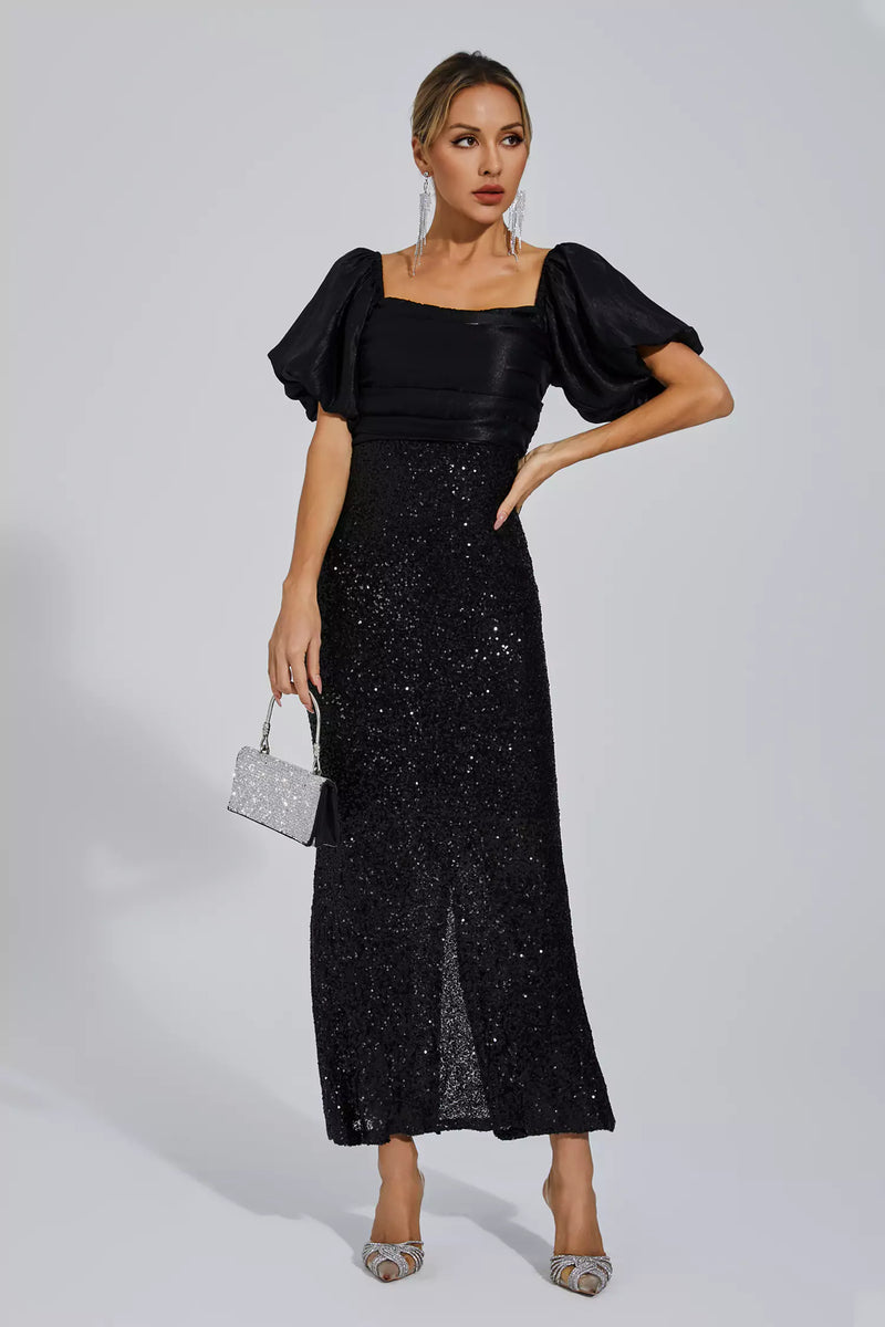 Linda Black Bow Sequins Maxi Dress