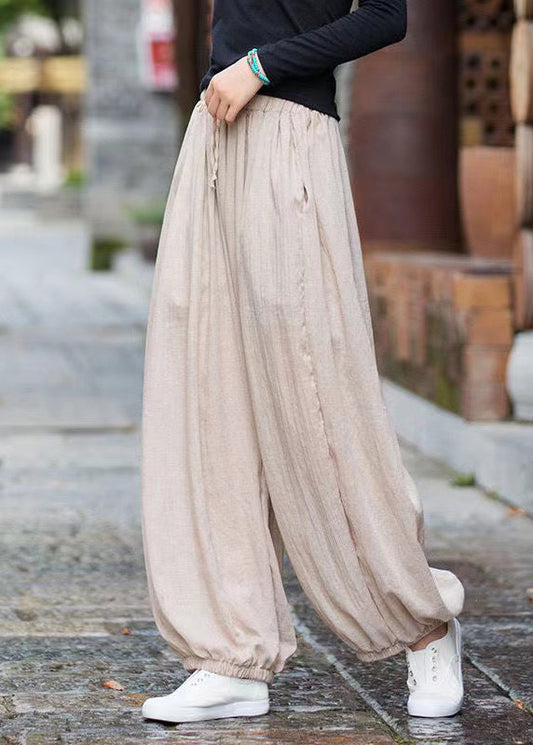 Linen Pockets Cotton Pants Elastic Waist Cinched Summer Qk014