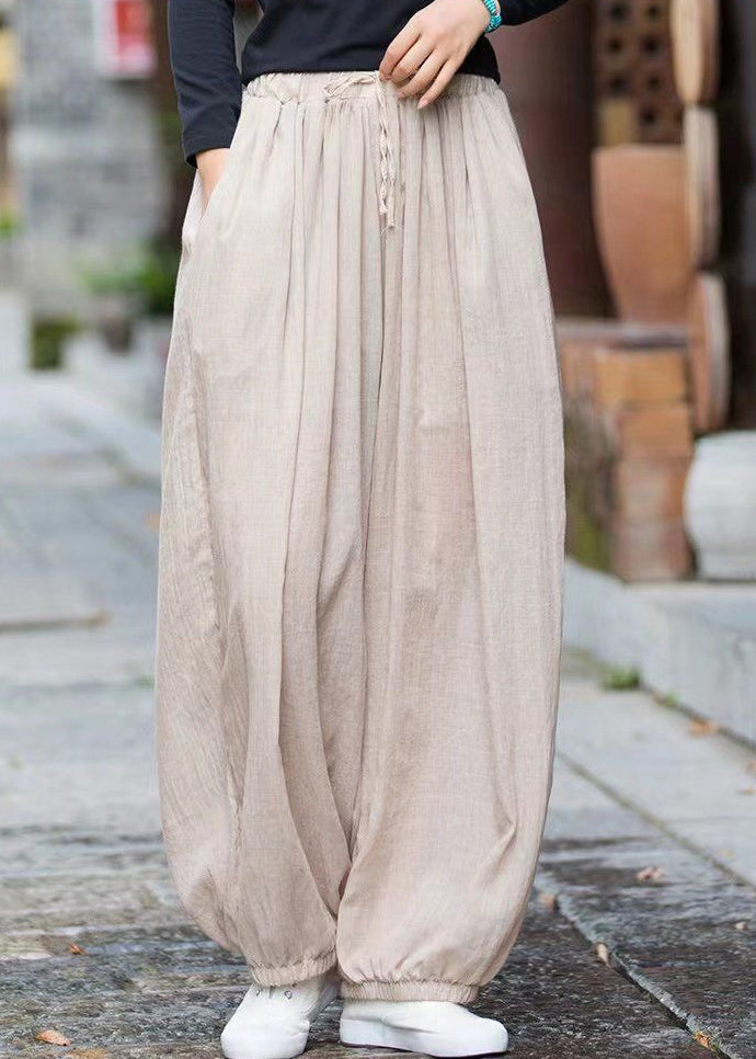 Linen Pockets Cotton Pants Elastic Waist Cinched Summer Qk014