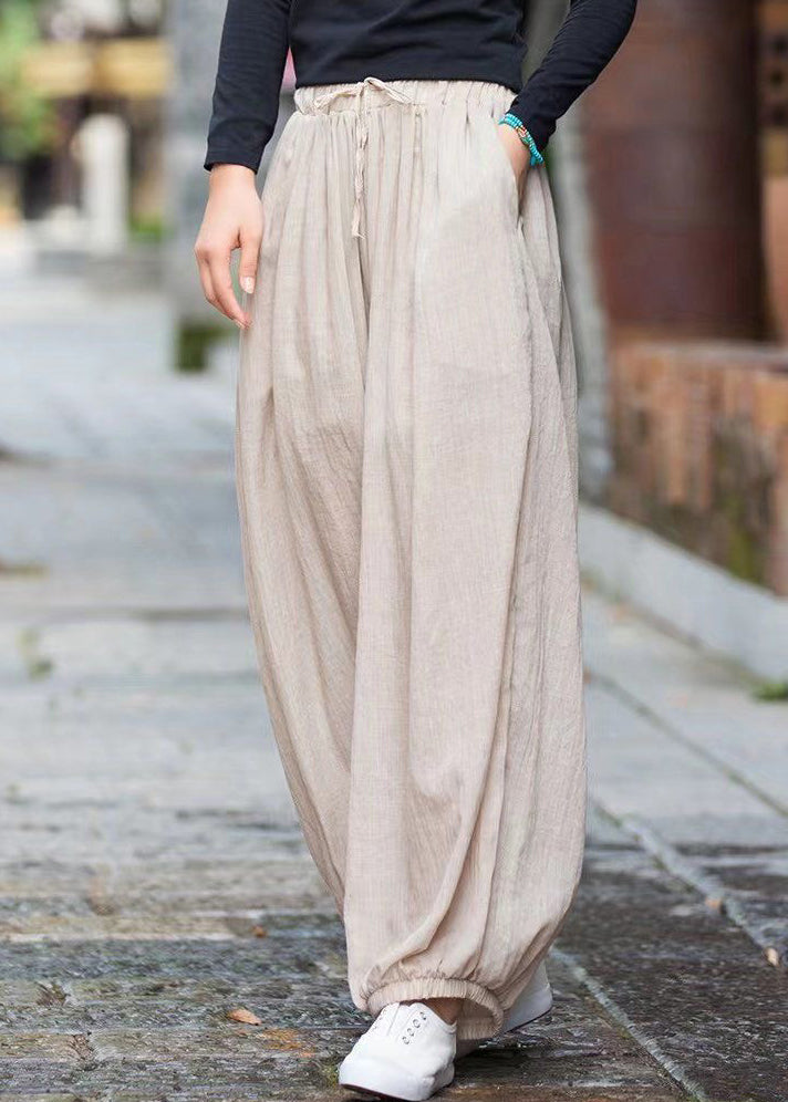 Linen Pockets Cotton Pants Elastic Waist Cinched Summer Qk014