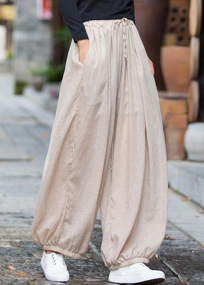 Linen Pockets Cotton Pants Elastic Waist Cinched Summer Qk014