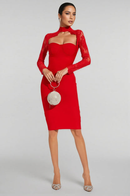 Grece Red Lace Sleeve Bandage Maxi Dress