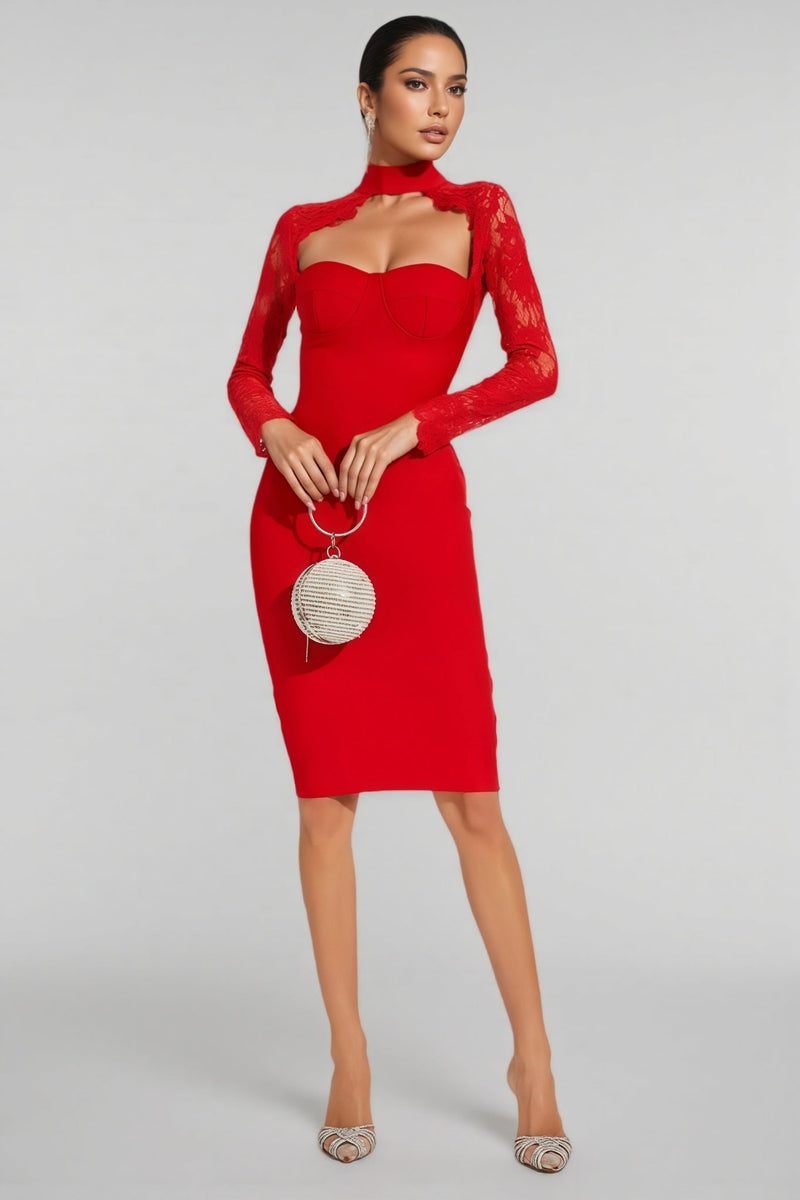 Grece Red Lace Sleeve Bandage Maxi Dress