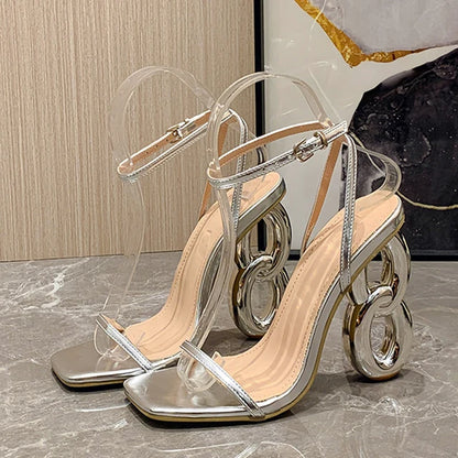 Liyke Metal Hollow Out Strange Heels Gladiator Sandals Golden Silver Square Toe Wedding Party Prom Shoes