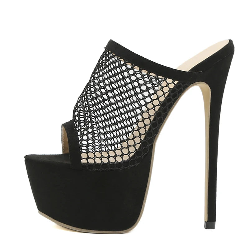 Liyke Peep Toe Platform Heels Black Mesh Summer Sandals ’s Party Shoes