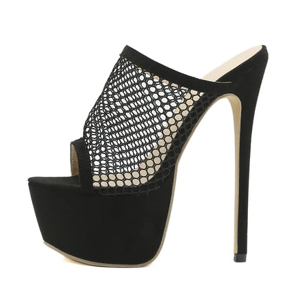 Liyke Peep Toe Platform Heels Black Mesh Summer Sandals ’s Party Shoes