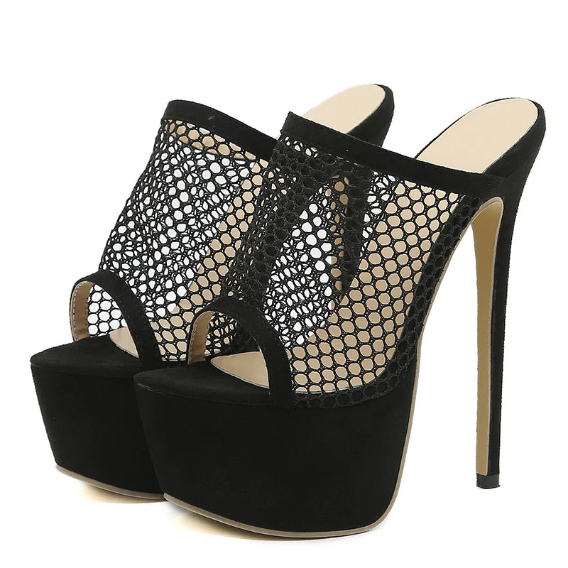 Liyke Peep Toe Platform Heels Black Mesh Summer Sandals ’s Party Shoes