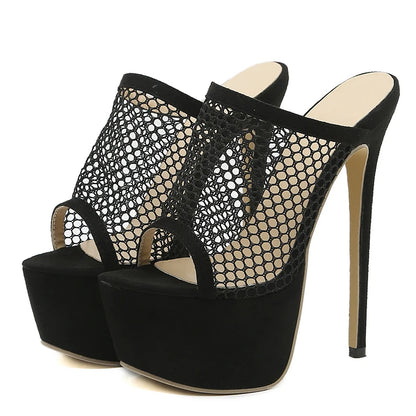 Liyke Peep Toe Platform Heels Black Mesh Summer Sandals ’s Party Shoes