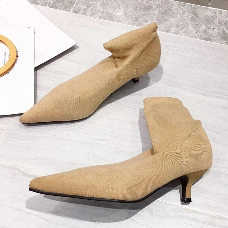 Autumn Winter Cozy Low Thin Heels Knitting Stretch Fabric Ankle Sock Boots Pointed Toe Shoes Botas Mujer