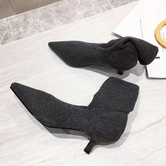 Autumn Winter Cozy Low Thin Heels Knitting Stretch Fabric Ankle Sock Boots Pointed Toe Shoes Botas Mujer