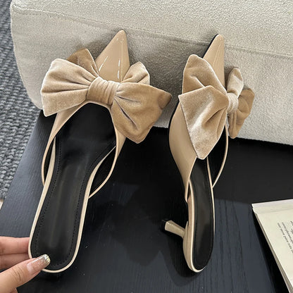 Liyke Designer Butterfly Knot Pumps Slippers – Pointed Toe Thin Heels Wedding Banquet Dress Mule Shoes