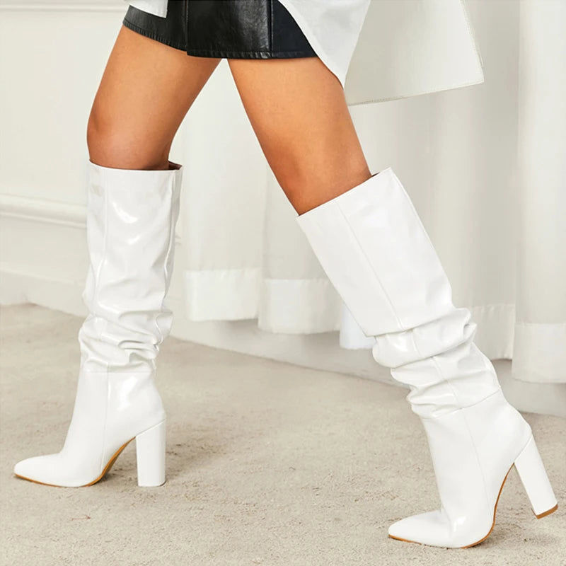 Liyke Cozy White Pleated Patent Leather Knee High Boots – Autumn Winter Shoes