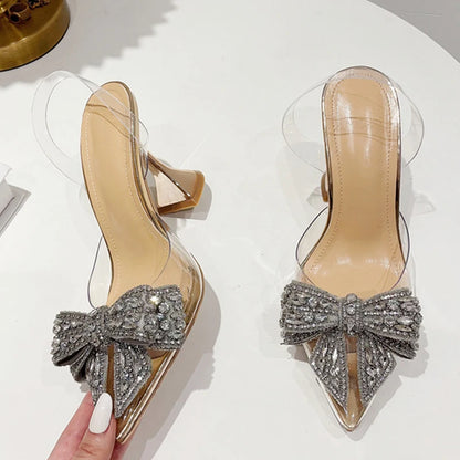 Liyke Crystal Sequined Bowknot Pumps – Pointed Toe High Heels Wedding Prom Shoes – Pvc Transparent Sandals