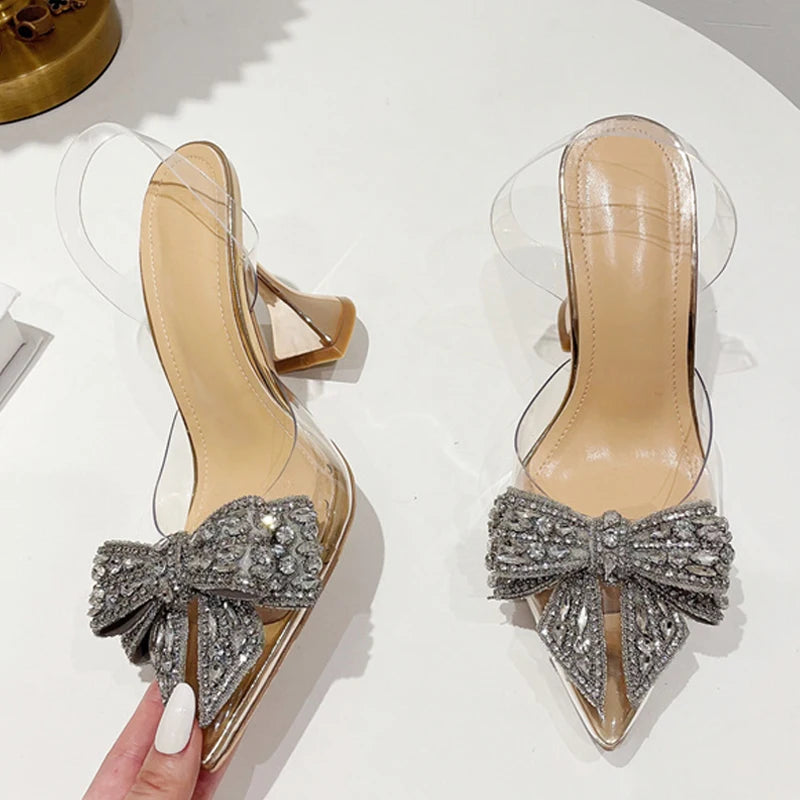 Liyke Crystal Sequined Bowknot Pumps – Pointed Toe High Heels Wedding Prom Shoes – Pvc Transparent Sandals