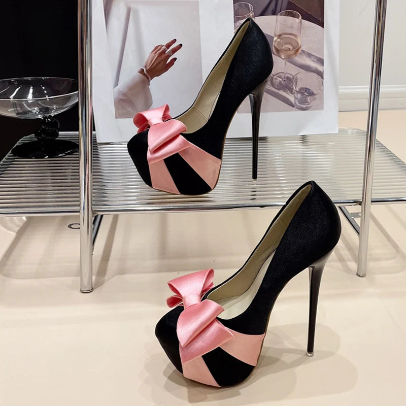Liyke Design Bowknot Round Toe Platform Pumps Wedding Banquet Shoes Stripper Pole Dance High Heels Black Pink