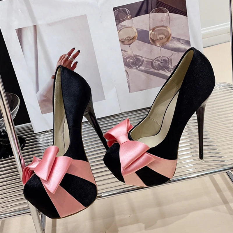 Liyke Design Bowknot Round Toe Platform Pumps Wedding Banquet Shoes Stripper Pole Dance High Heels Black Pink