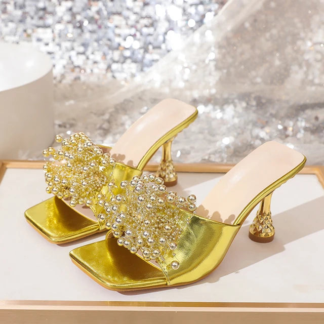 Liyke Design Pearl Slippers Sandals Leather Square Toe Mules Heels Summer Beach Party Dress Shoes Size 36-42
