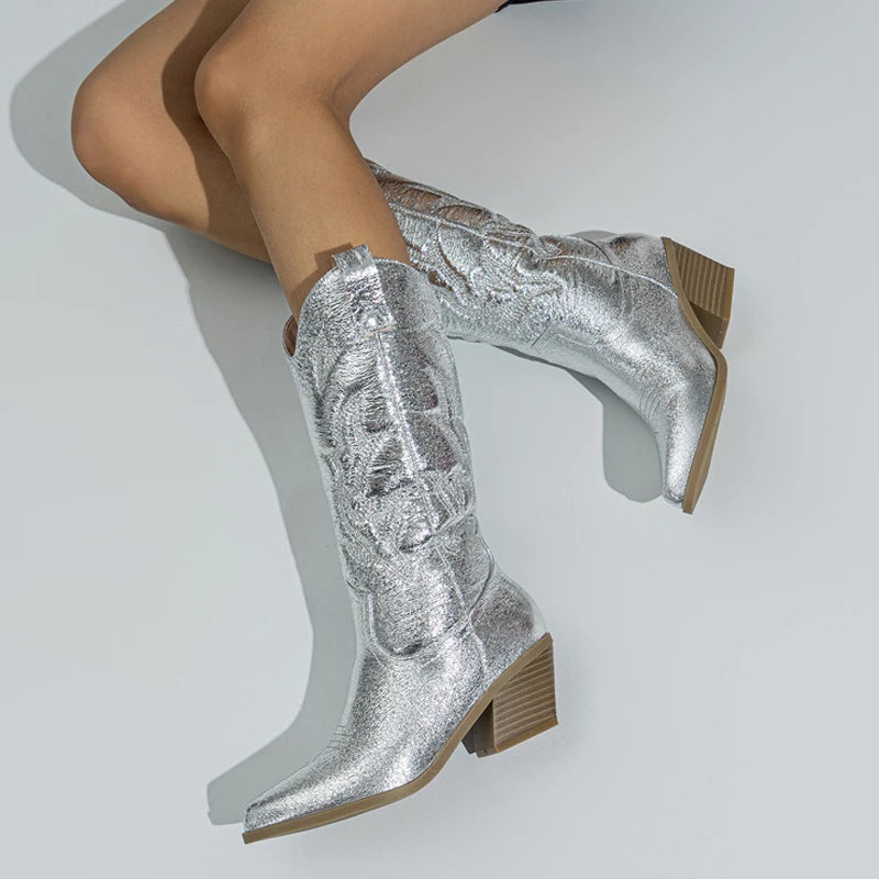 Liyke Embroidered Western Cowboy Boots Leather Golden Silver Pointed Toe Low Heel Mid-calf Shoes