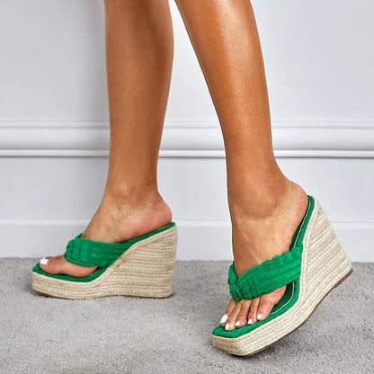 Liyke Green Corduroy Narrow Band 13.5cm Wedges Heels Slippers – Stylish Open Toe Platform Sandals for ’s Summer Dress Shoes