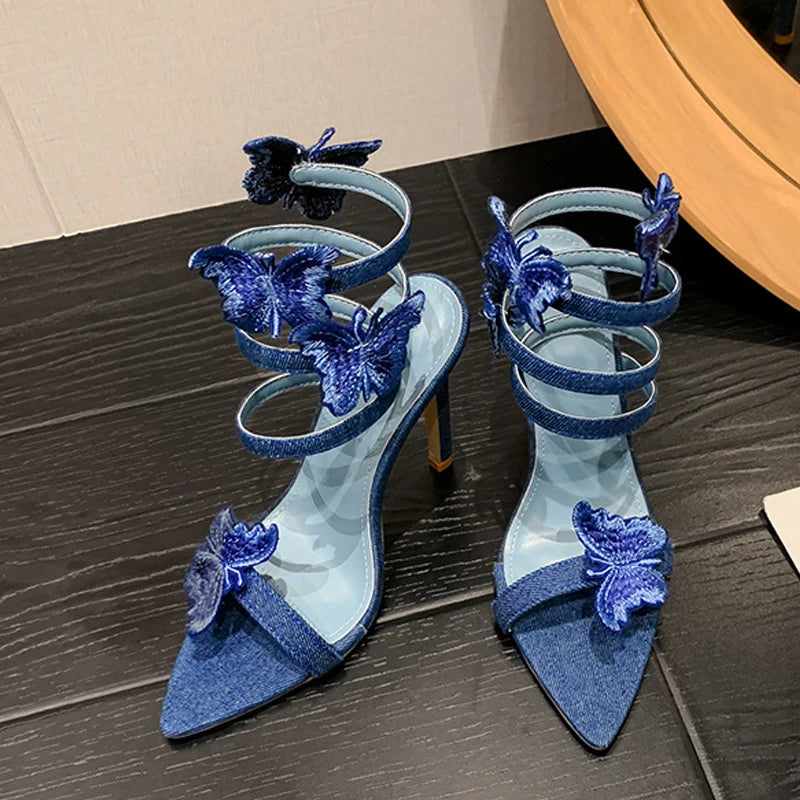 Liyke Blue Butterfly Ankle Strap Sandals: Embroidery, Pointed Toe, Gladiator Heels for ’s Summer Party Dress Shoes