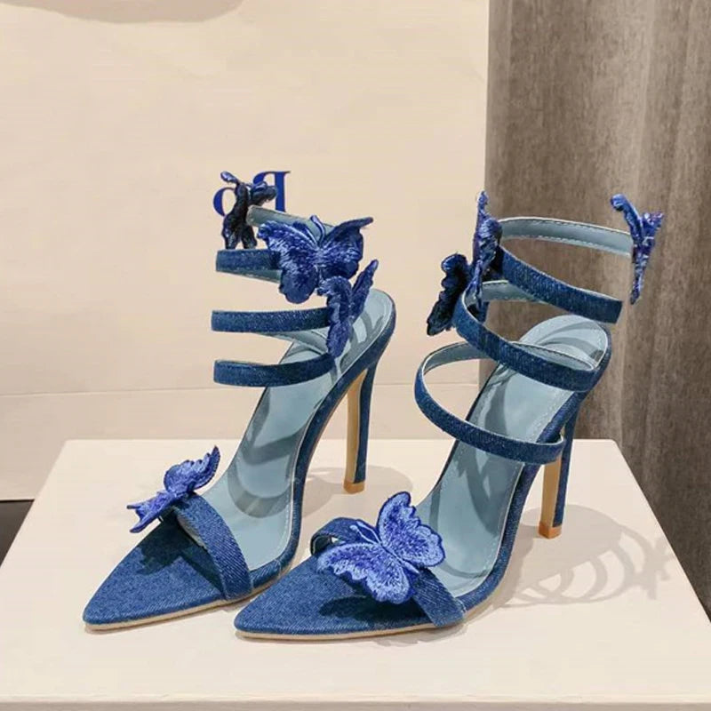 Liyke Blue Butterfly Ankle Strap Sandals: Embroidery, Pointed Toe, Gladiator Heels for ’s Summer Party Dress Shoes