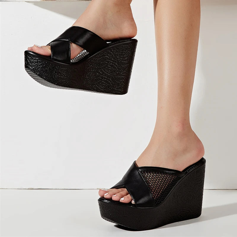 Liyke ’s Hollow Out Mesh Wedge Slippers Platform Sandals Black High Heels Open Toe Shoes