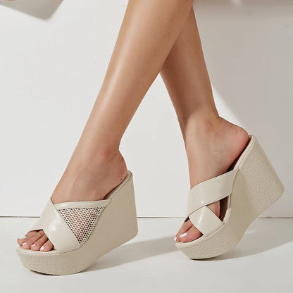 Liyke ’s Hollow Out Mesh Wedge Slippers Platform Sandals Black High Heels Open Toe Shoes