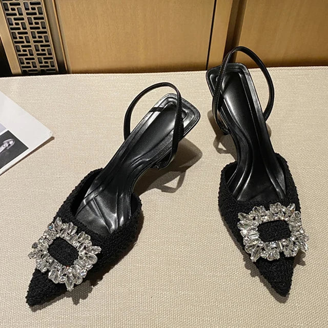 Crystal Buckle Pointed Toe Low Thin Heels Wedding Prom Shoes Wool Pumps Sandals