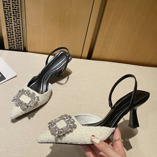 Crystal Buckle Pointed Toe Low Thin Heels Wedding Prom Shoes Wool Pumps Sandals