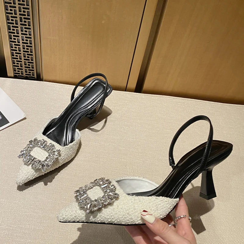Crystal Buckle Pointed Toe Low Thin Heels Wedding Prom Shoes Wool Pumps Sandals