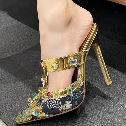 Liyke Runway Style Color Gem Pumps Slippers Crystal Rhinestone Pvc Transparent Mules High Heels Summer Party Prom Shoes