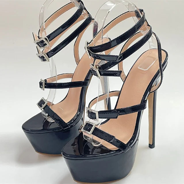 Liyke Runway Style High Heels Platform Sandals – Open Toe Crystal Buckle Stiletto Wedding Stripper Shoes