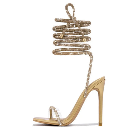 Liyke Gold Crystal Ankle Cross Strap Sandals – ’s Summer Party Wedding Banquet Shoes